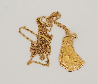 A yellow metal 'Barbados' pendant, 22mm, on a 10kt fine link chain, gross weight 4 grams. Condition - fair to good